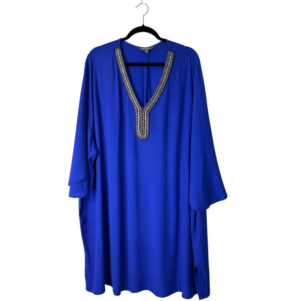Ulla Popken Royal Blue Pewter Trimmed Tunic Dress Size 24/26 Flutter Sleeve